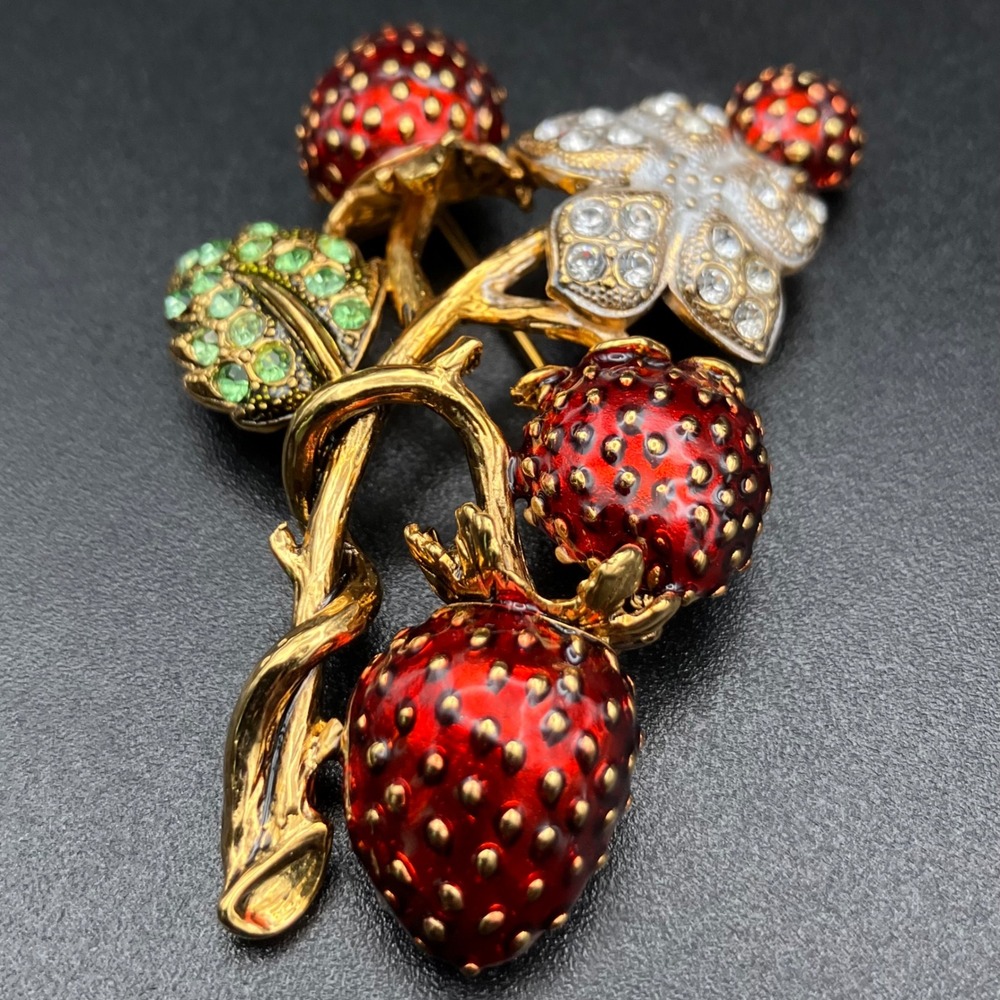 Vintage Edgar Berebi Brooch Red Strawberry Enamel Crystal Limited Edition 2.25in